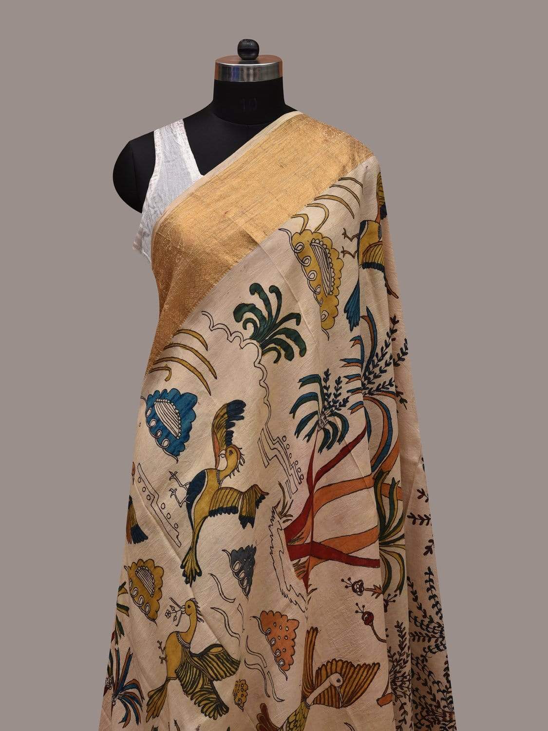 Cream Kalamkari Hand Painted Kanchipuram Silk Handloom Dupatta with Trees and Birds Design ds2576