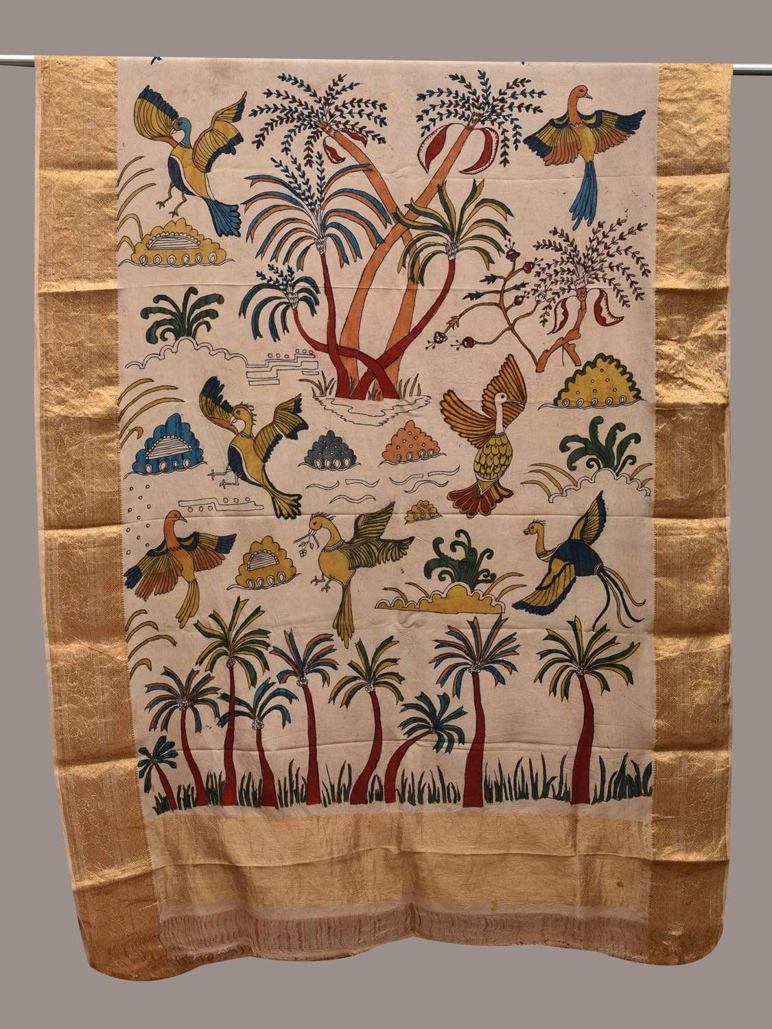 Cream Kalamkari Hand Painted Kanchipuram Silk Handloom Dupatta with Trees and Birds Design ds2576
