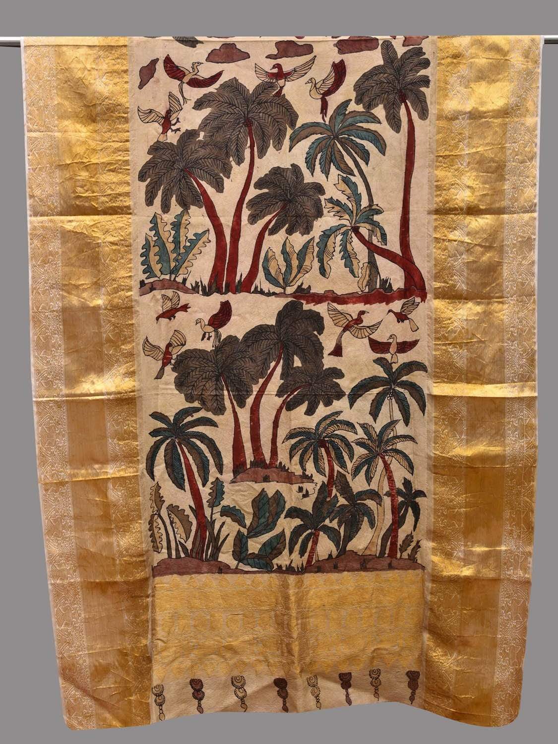 Cream Kalamkari Hand Painted Kanchipuram Silk Handloom Dupatta with Trees and Birds Design ds2595