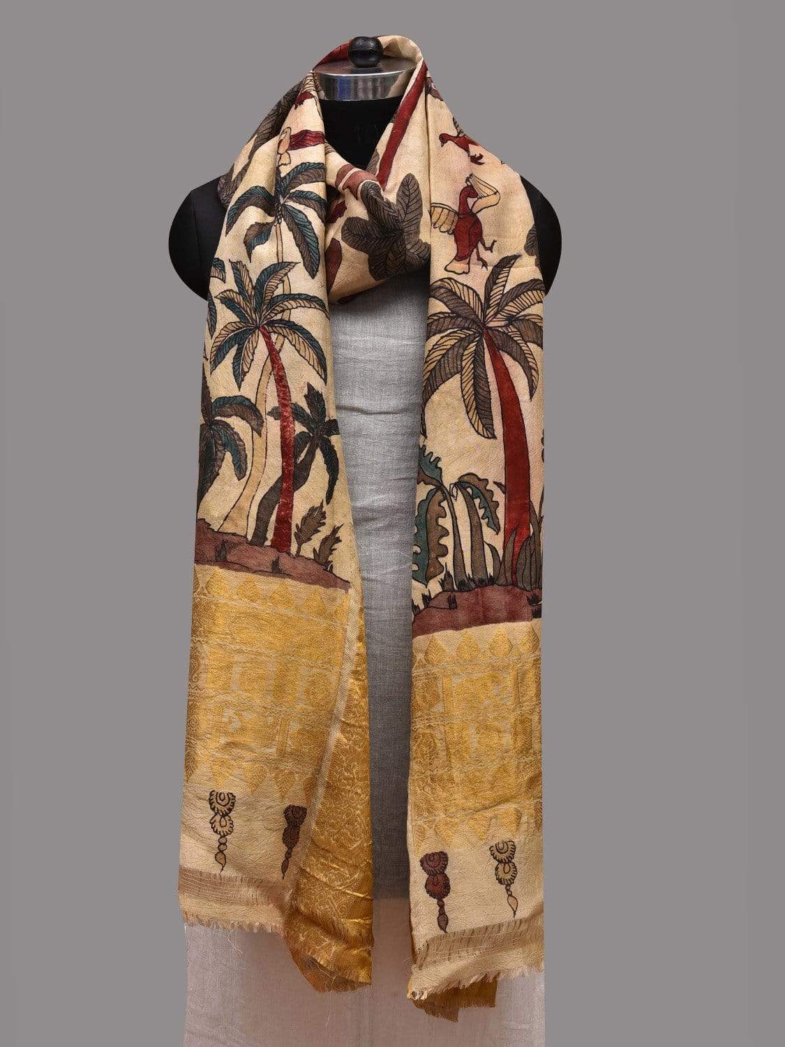 Cream Kalamkari Hand Painted Kanchipuram Silk Handloom Dupatta with Trees and Birds Design ds2595