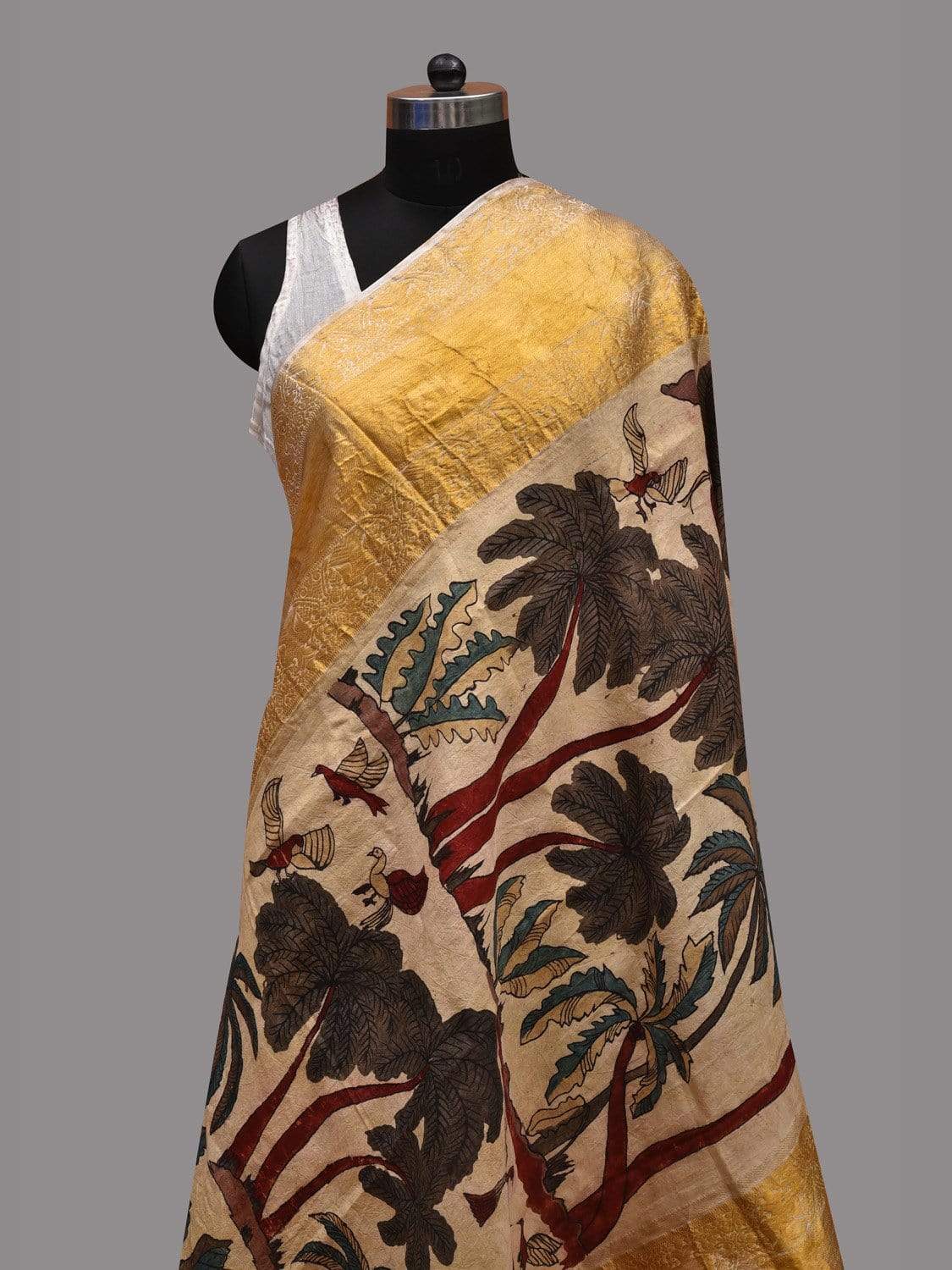 Cream Kalamkari Hand Painted Kanchipuram Silk Handloom Dupatta with Trees and Birds Design ds2595