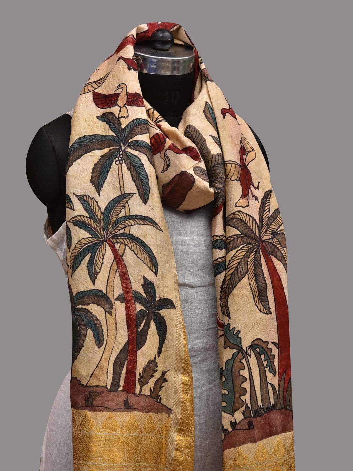 Cream Kalamkari Hand Painted Kanchipuram Silk Handloom Dupatta with Trees and Birds Design ds2595