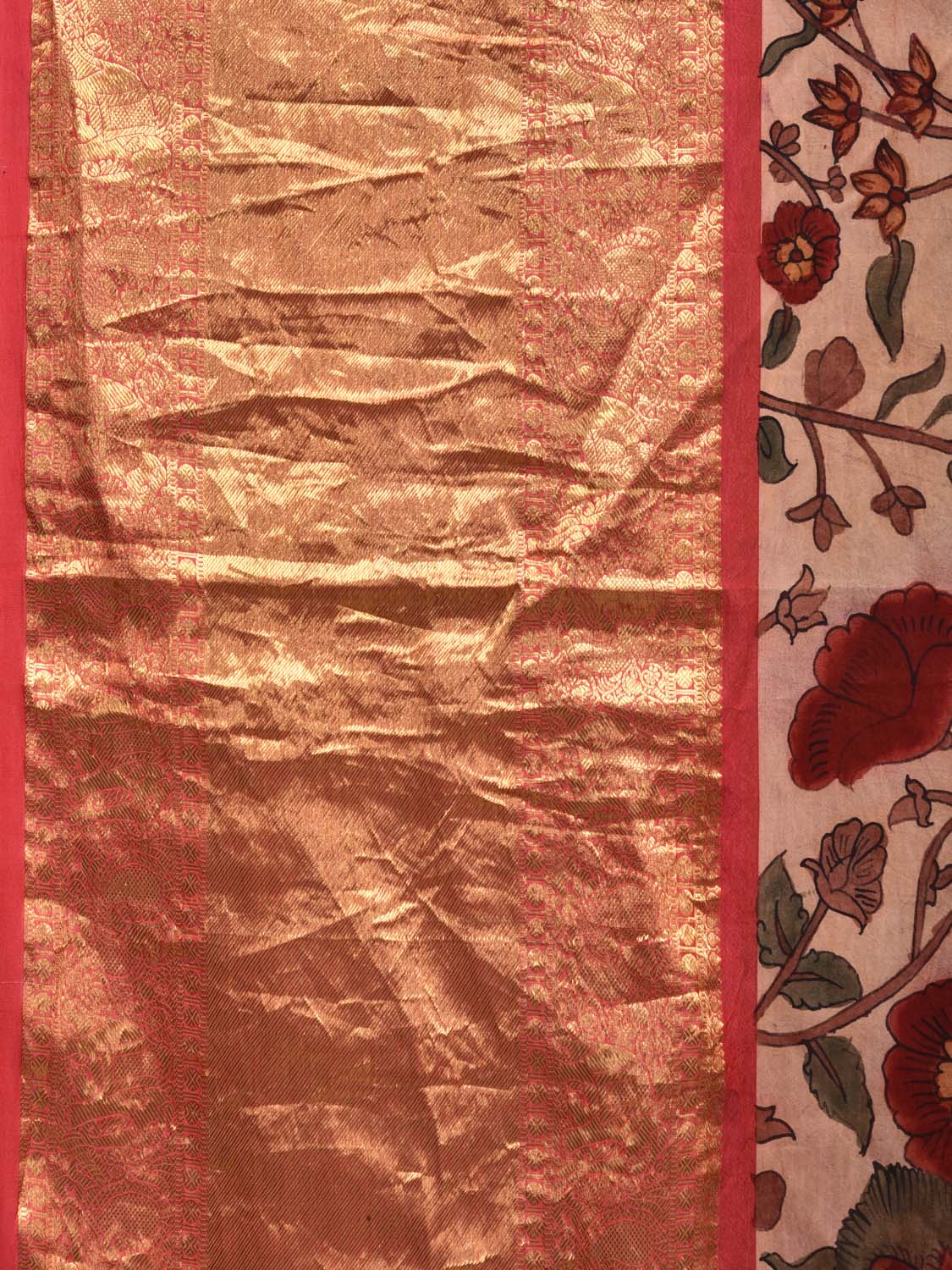 Cream Kalamkari Hand Painted Kanchipuram Silk Handloom Saree Floral Design KL0487