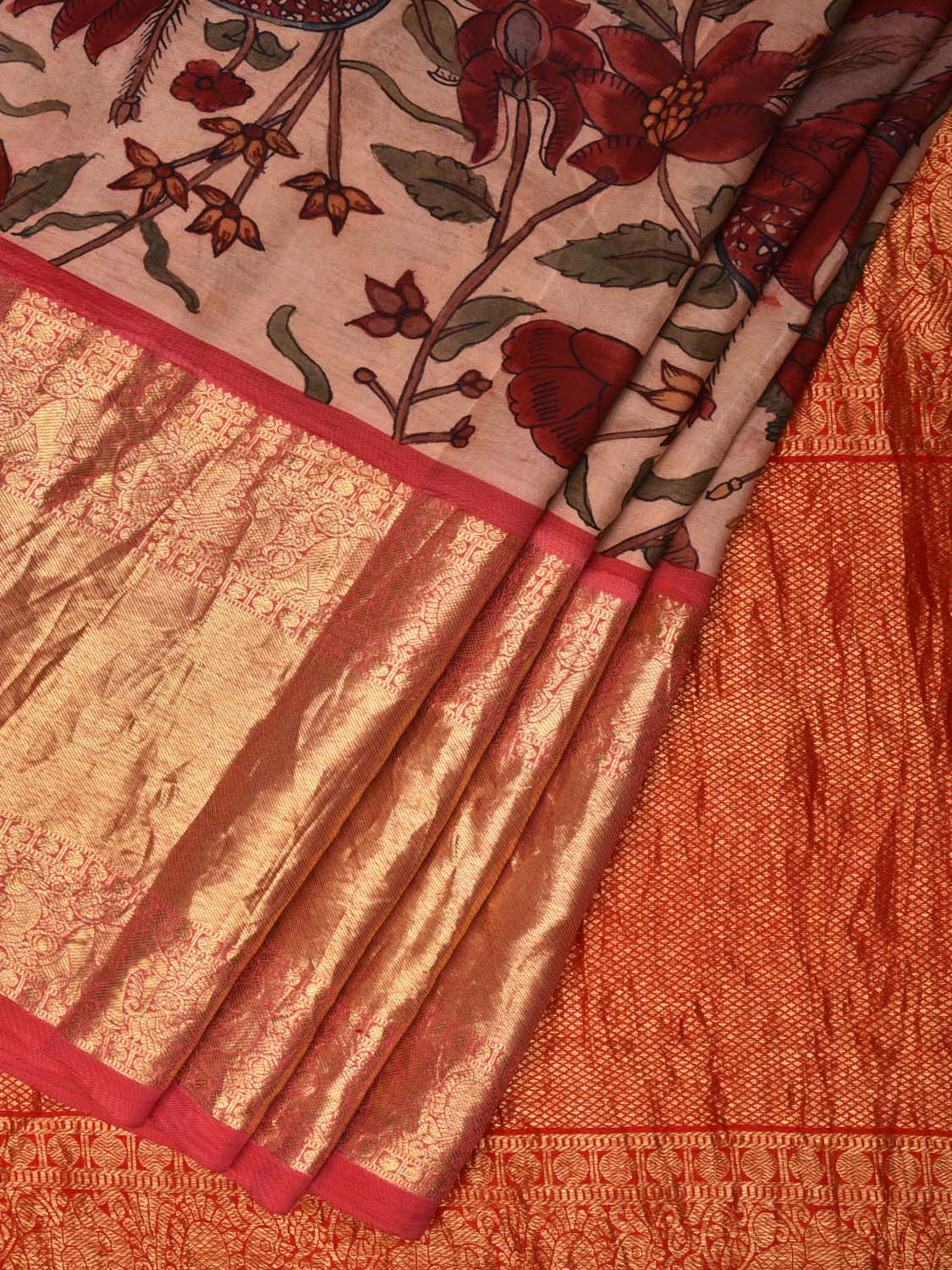 Cream Kalamkari Hand Painted Kanchipuram Silk Handloom Saree Floral Design KL0487