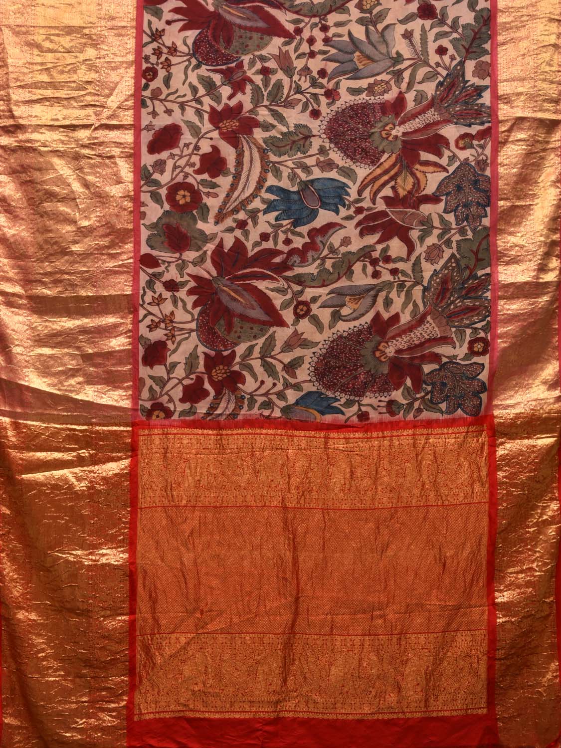 Cream Kalamkari Hand Painted Kanchipuram Silk Handloom Saree Floral Design KL0487