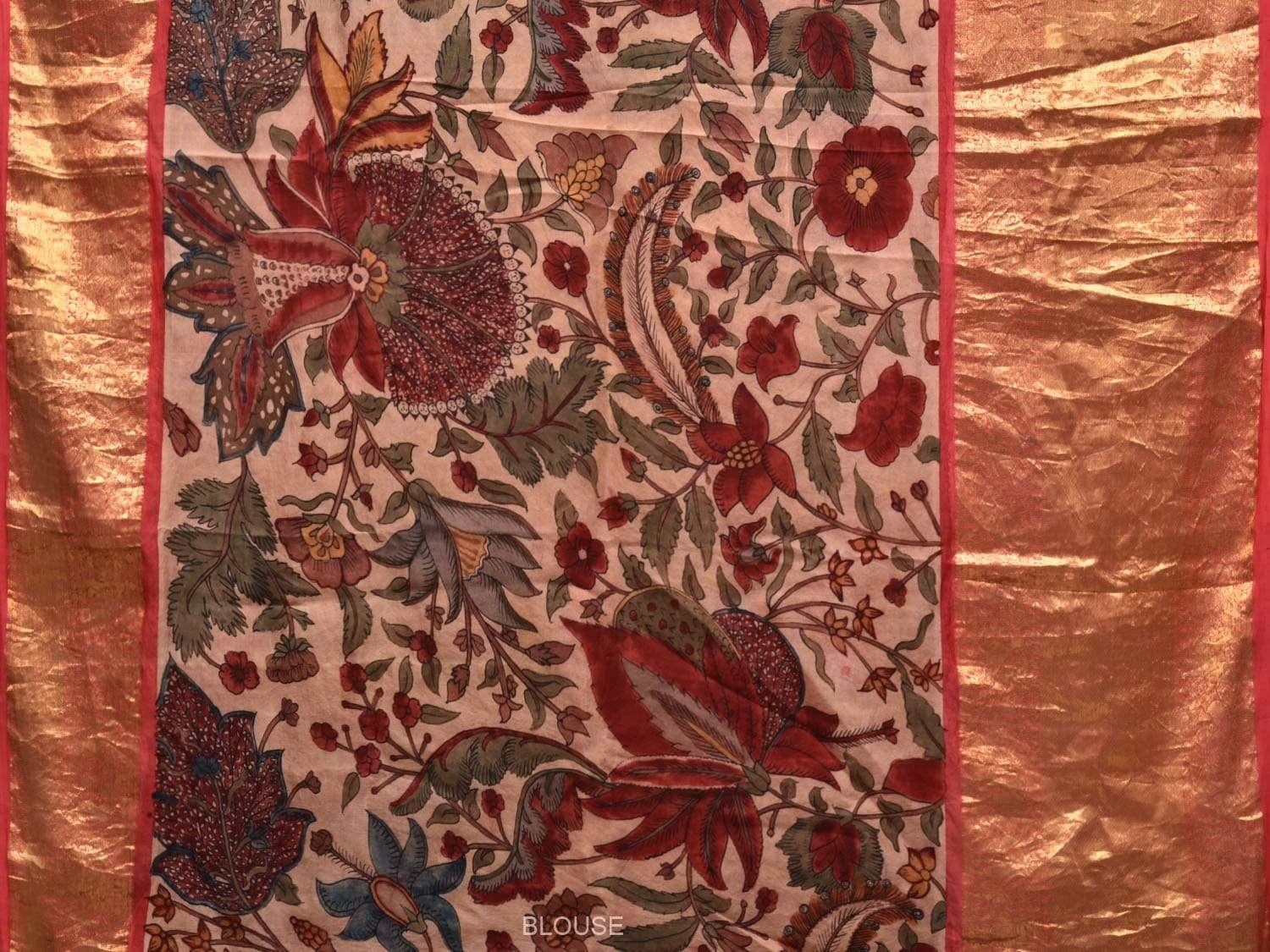 Cream Kalamkari Hand Painted Kanchipuram Silk Handloom Saree Floral Design KL0487