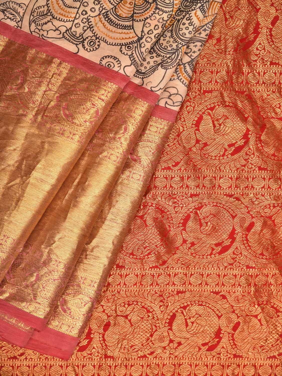 Cream Kalamkari Hand Painted Kanchipuram Silk Handloom Saree with Dashavatar Design KL0428