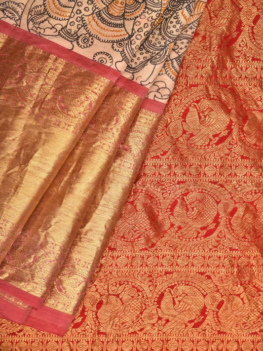 Cream Kalamkari Hand Painted Kanchipuram Silk Handloom Saree with Dashavatar Design KL0428