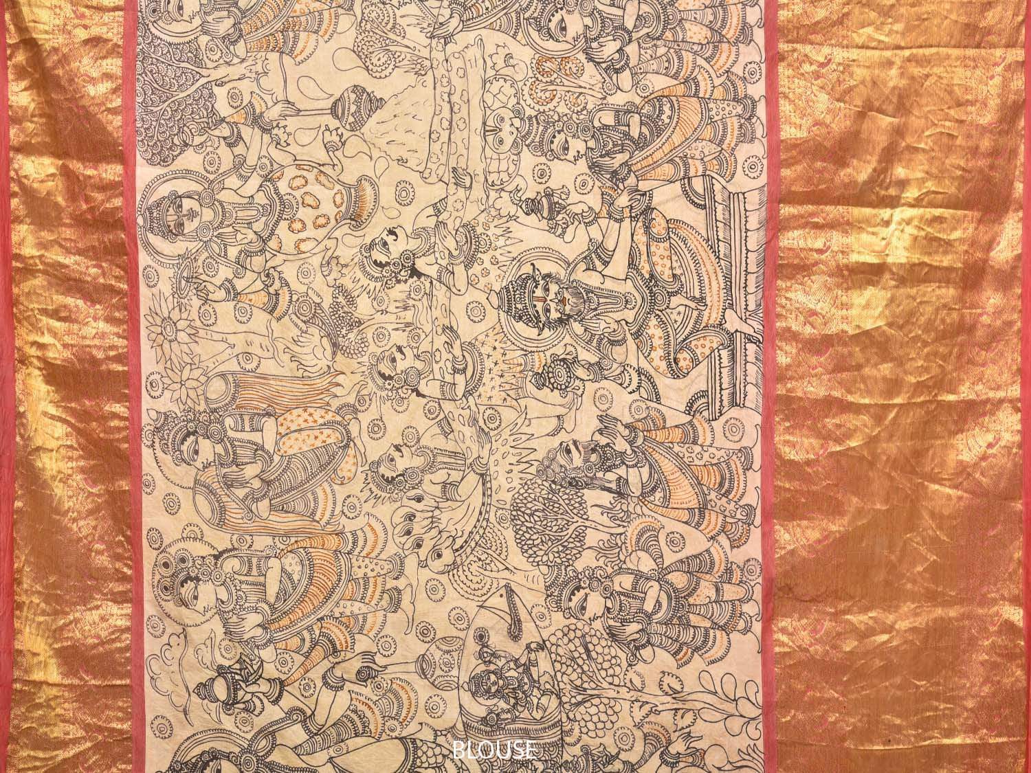 Cream Kalamkari Hand Painted Kanchipuram Silk Handloom Saree with Dashavatar Design KL0428