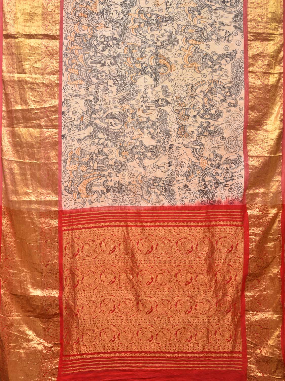 Cream Kalamkari Hand Painted Kanchipuram Silk Handloom Saree with Dashavatar Design KL0428
