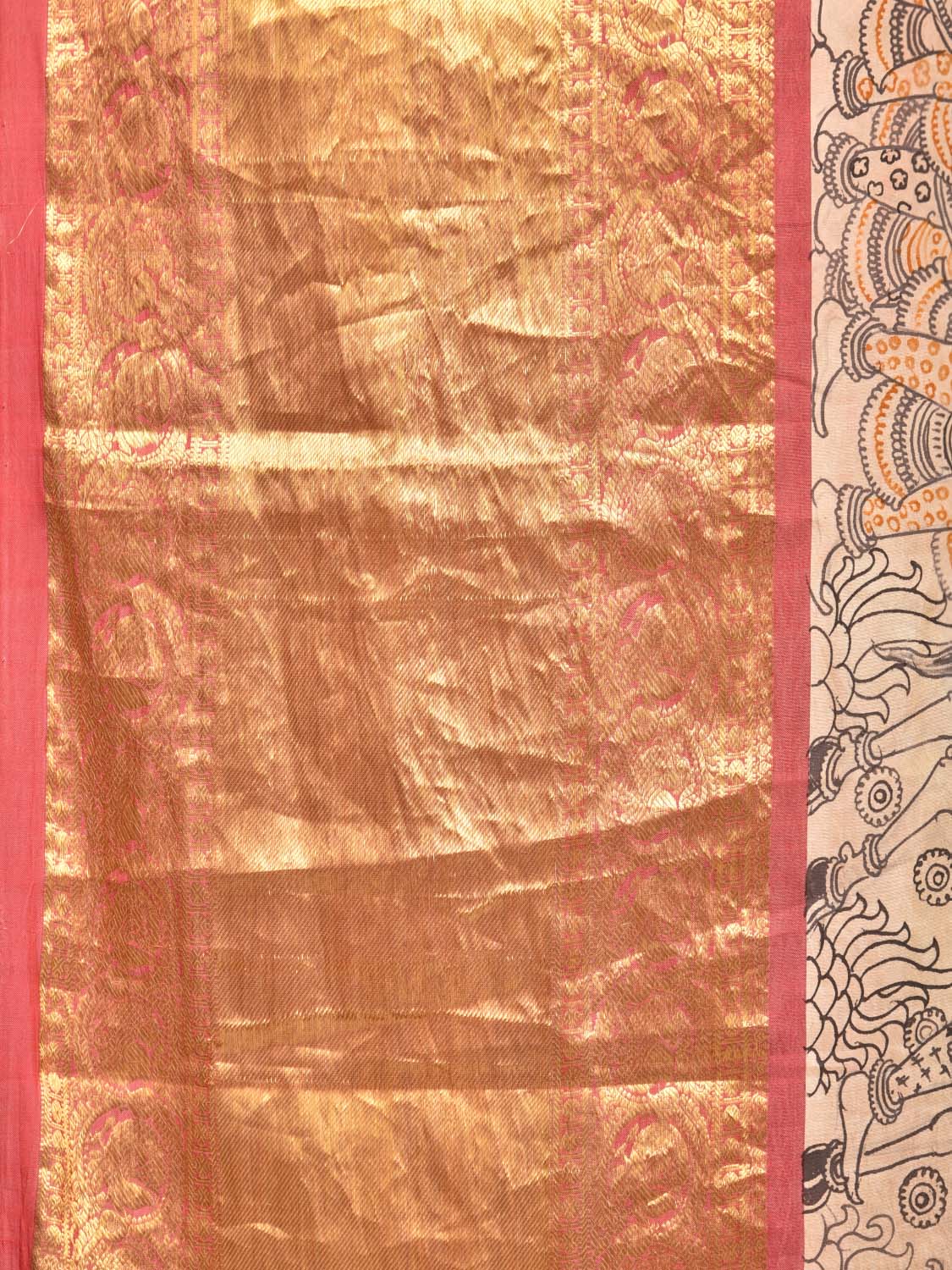 Cream Kalamkari Hand Painted Kanchipuram Silk Handloom Saree with Dashavatar Design KL0428