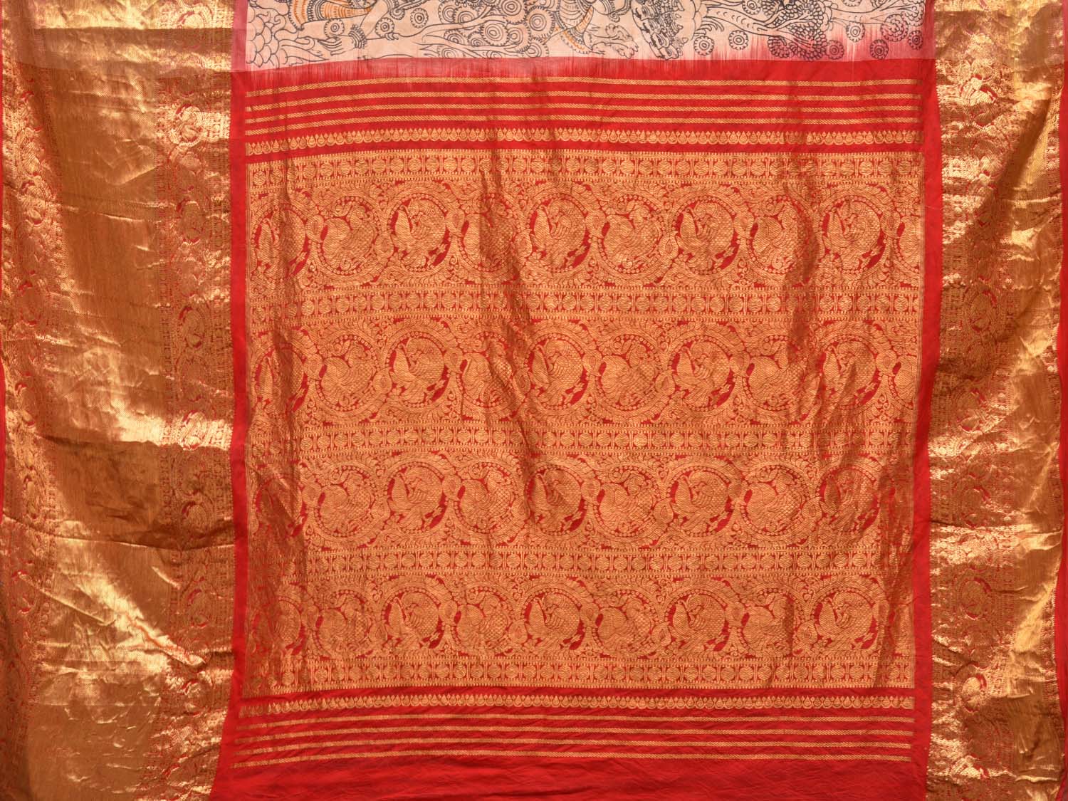 Cream Kalamkari Hand Painted Kanchipuram Silk Handloom Saree with Dashavatar Design KL0428