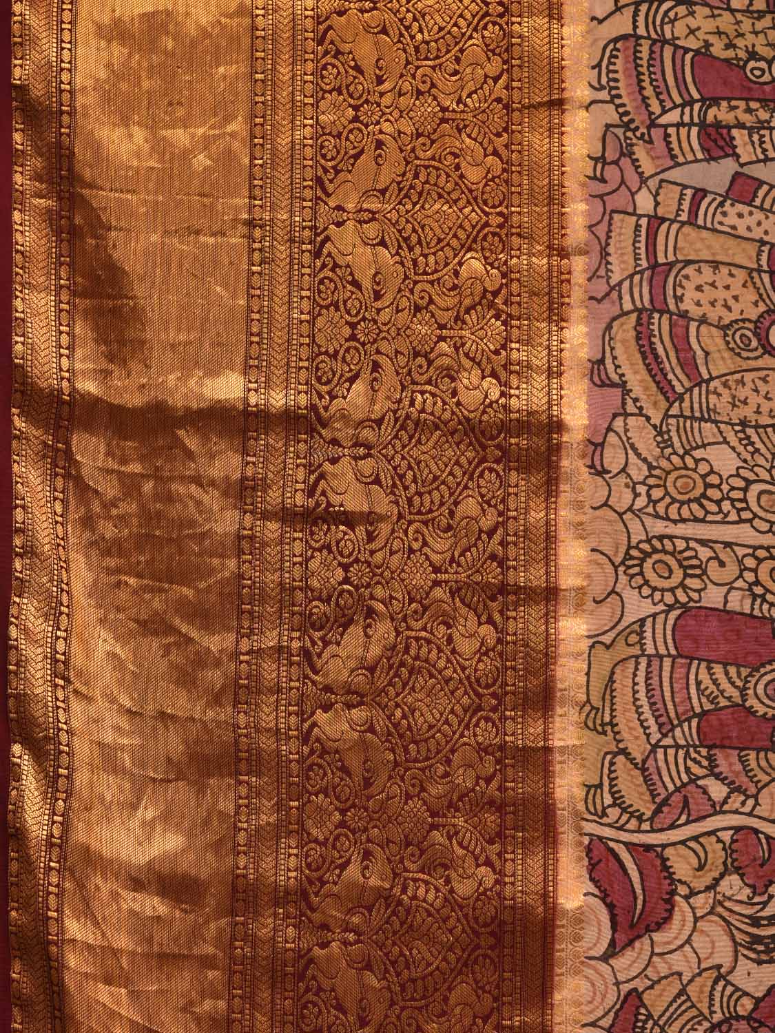 Cream Kalamkari Hand Painted Kanchipuram Silk Handloom Saree with Dashavatar Design KL0713