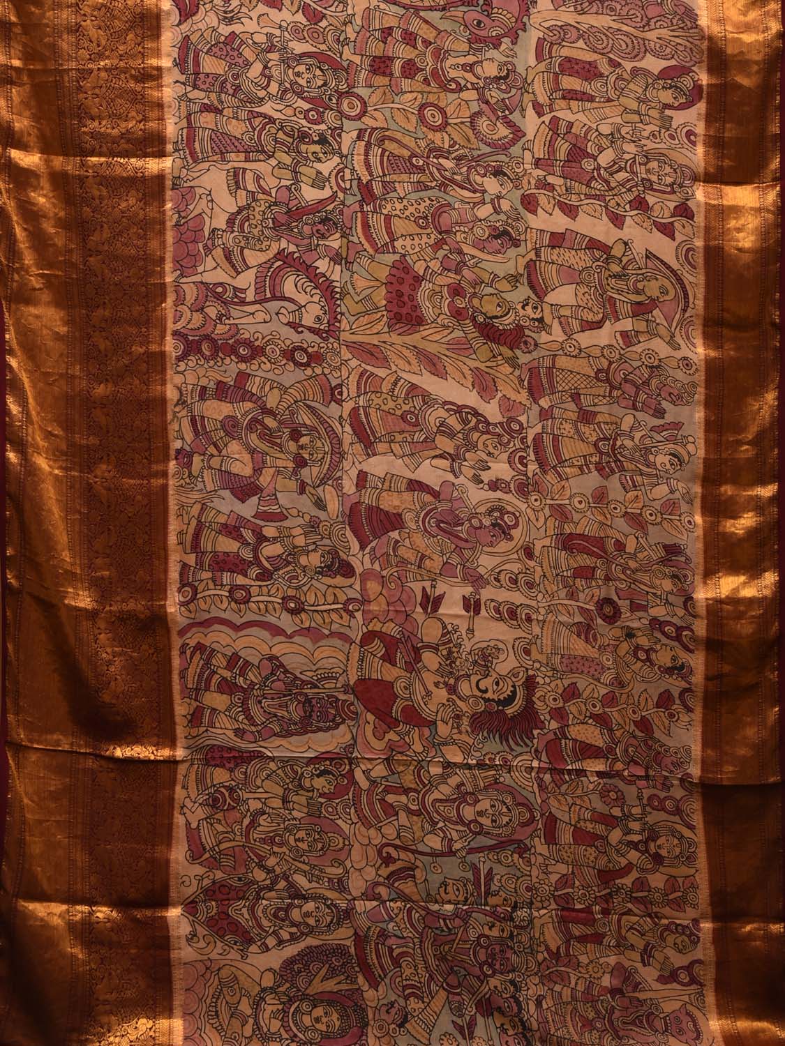 Cream Kalamkari Hand Painted Kanchipuram Silk Handloom Saree with Dashavatar Design KL0713