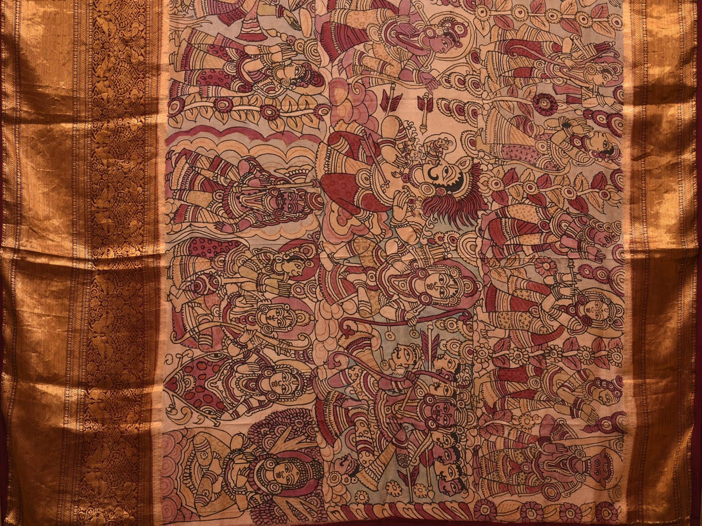 Cream Kalamkari Hand Painted Kanchipuram Silk Handloom Saree with Dashavatar Design KL0713