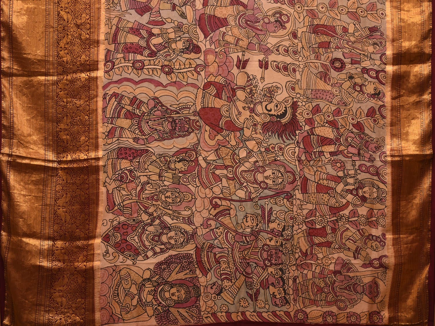 Cream Kalamkari Hand Painted Kanchipuram Silk Handloom Saree with Dashavatar Design KL0713