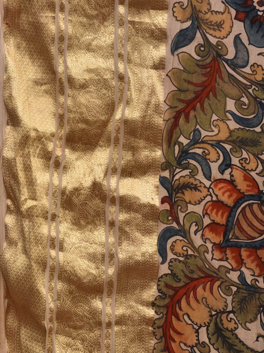 Cream Kalamkari Hand Painted Kanchipuram Silk Handloom Saree with Exotic Floral Design KL0599