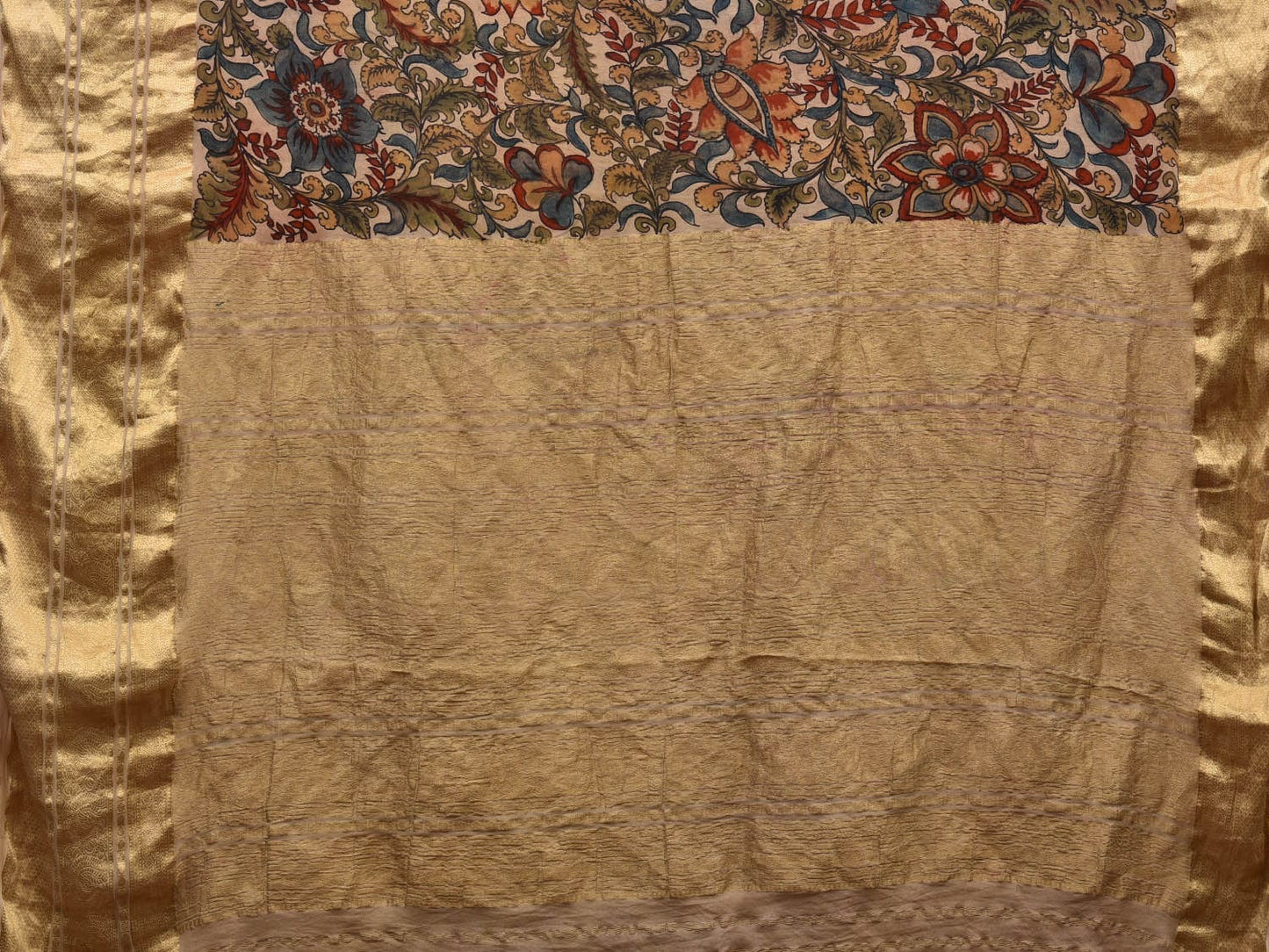 Cream Kalamkari Hand Painted Kanchipuram Silk Handloom Saree with Exotic Floral Design KL0599