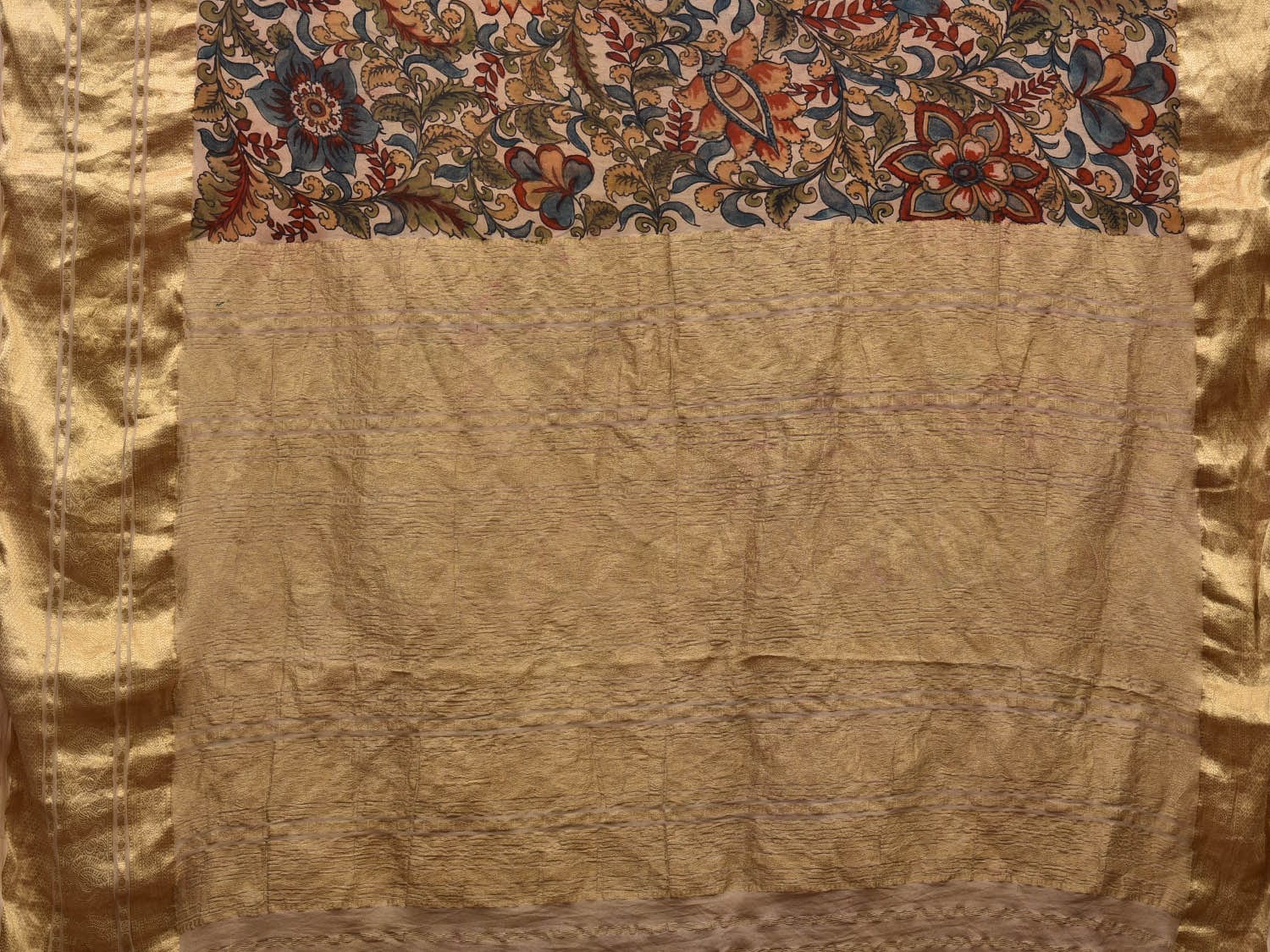 Cream Kalamkari Hand Painted Kanchipuram Silk Handloom Saree with Exotic Floral Design KL0599