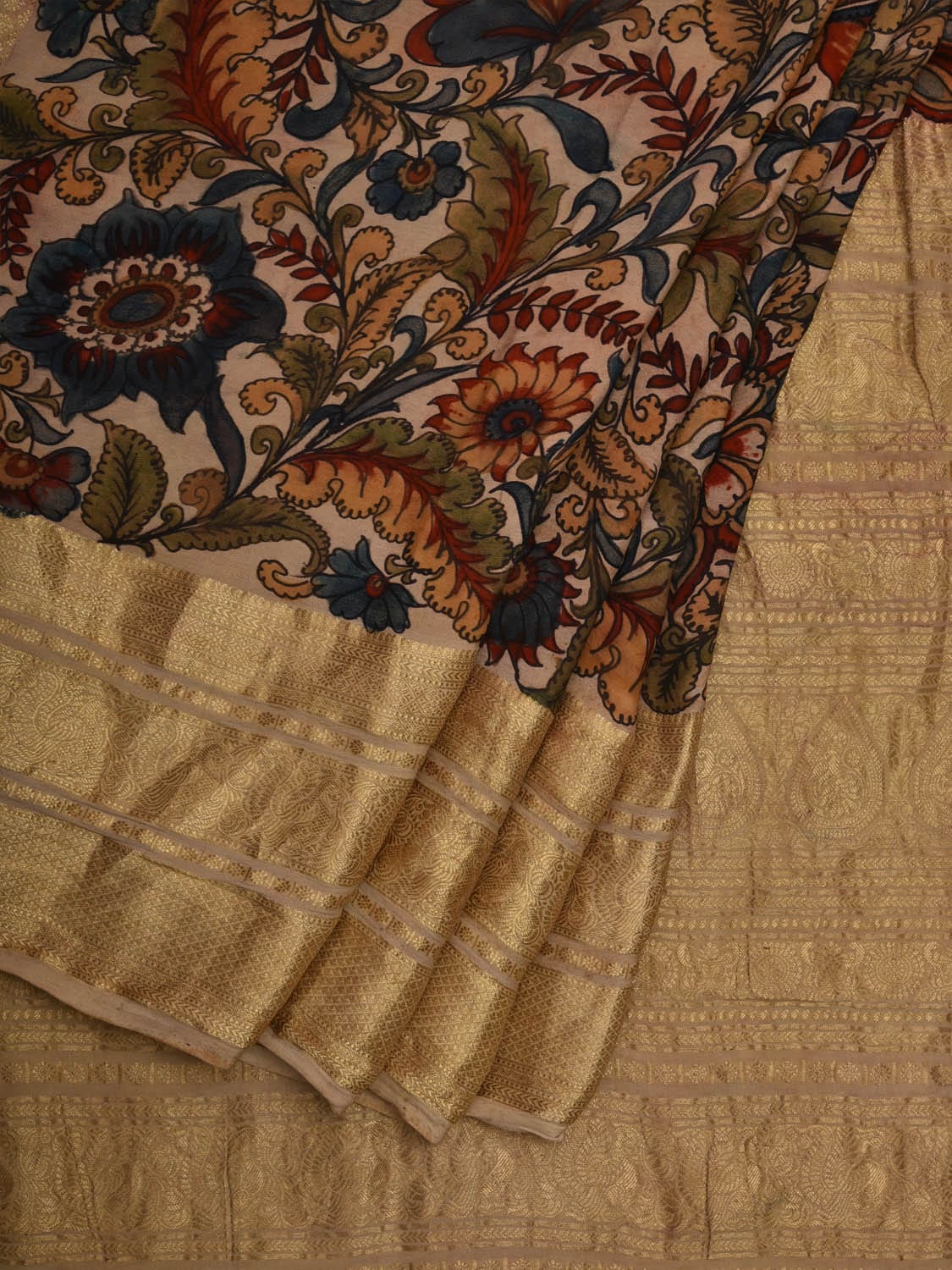 Cream Kalamkari Hand Painted Kanchipuram Silk Handloom Saree with Exotic Floral Design KL0599
