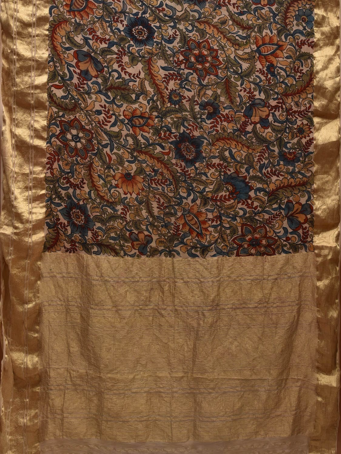 Cream Kalamkari Hand Painted Kanchipuram Silk Handloom Saree with Exotic Floral Design KL0599