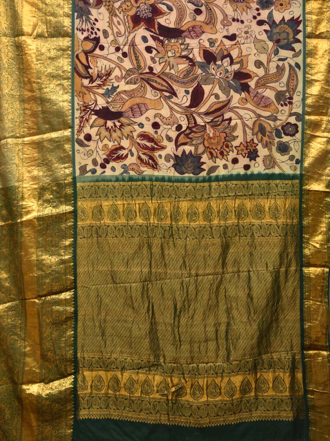 Cream Kalamkari Hand Painted Kanchipuram Silk Handloom Saree with Exotic Flowers Design KL0436