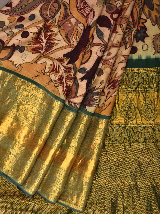 Cream Kalamkari Hand Painted Kanchipuram Silk Handloom Saree with Exotic Flowers Design KL0436