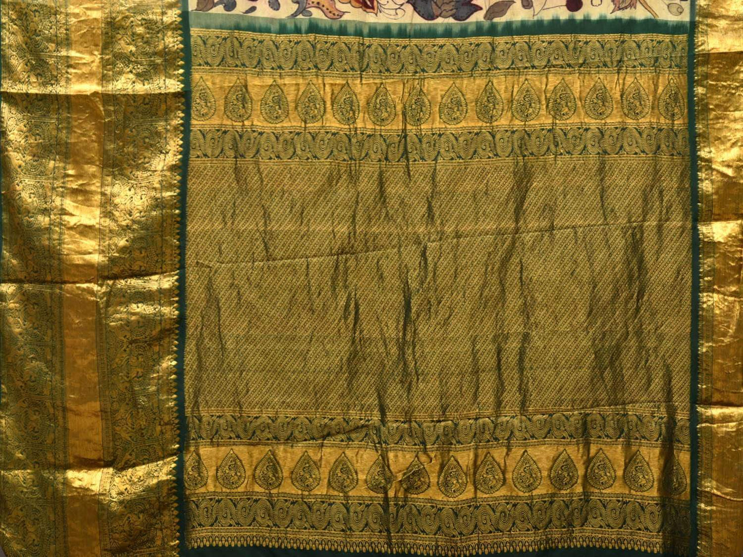 Cream Kalamkari Hand Painted Kanchipuram Silk Handloom Saree with Exotic Flowers Design KL0436