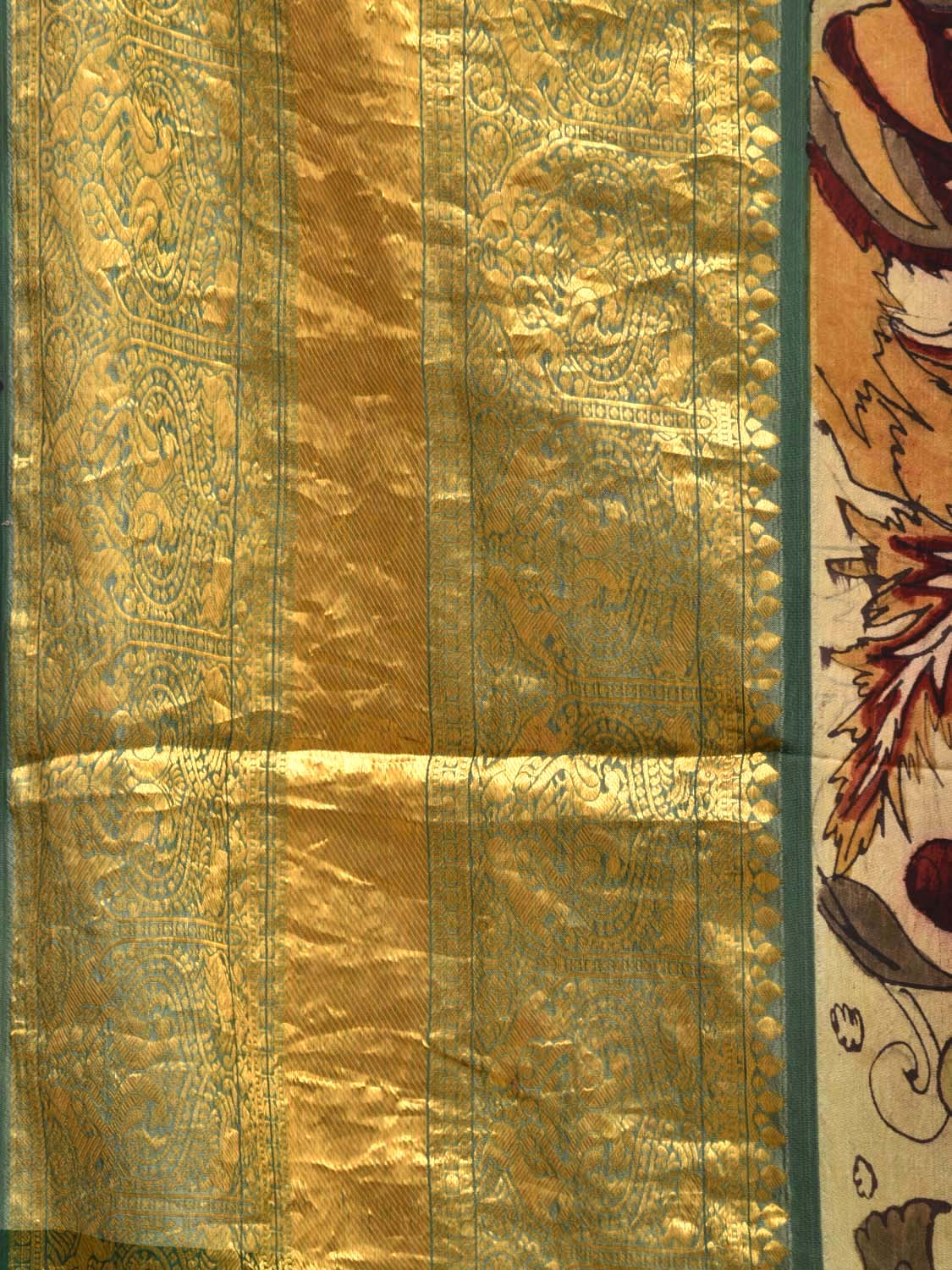 Cream Kalamkari Hand Painted Kanchipuram Silk Handloom Saree with Exotic Flowers Design KL0436