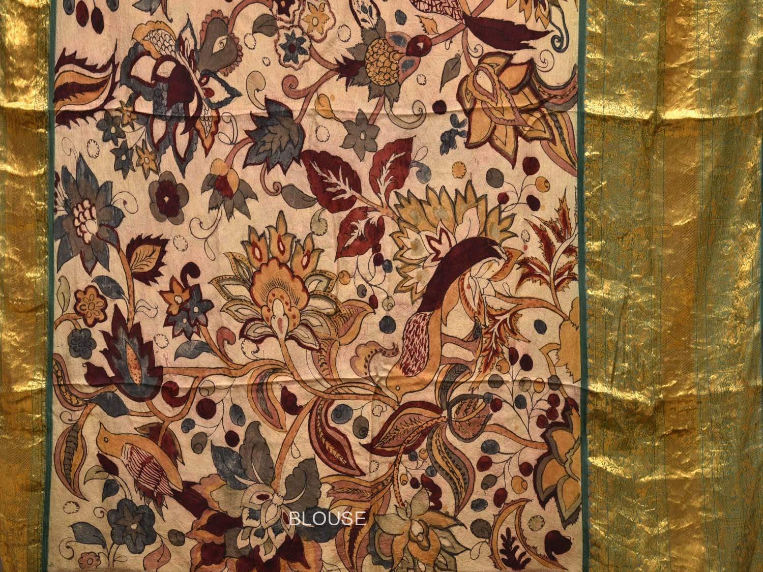 Cream Kalamkari Hand Painted Kanchipuram Silk Handloom Saree with Exotic Flowers Design KL0436