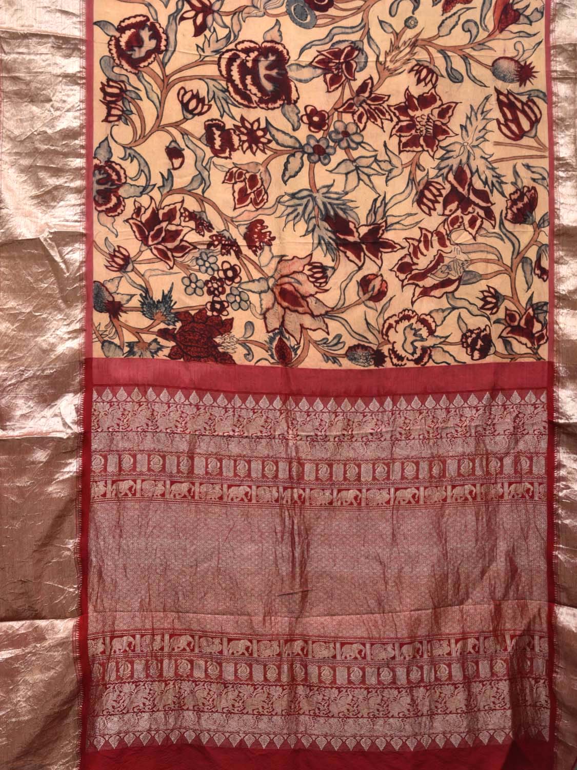 Cream Kalamkari Hand Painted Kanchipuram Silk Handloom Saree with Exotic Flowers Design KL0437