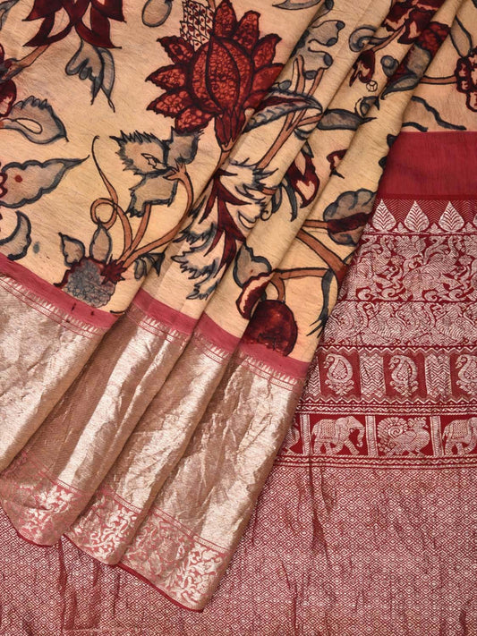 Cream Kalamkari Hand Painted Kanchipuram Silk Handloom Saree with Exotic Flowers Design KL0437
