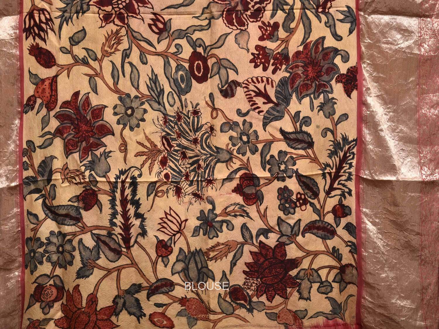 Cream Kalamkari Hand Painted Kanchipuram Silk Handloom Saree with Exotic Flowers Design KL0437