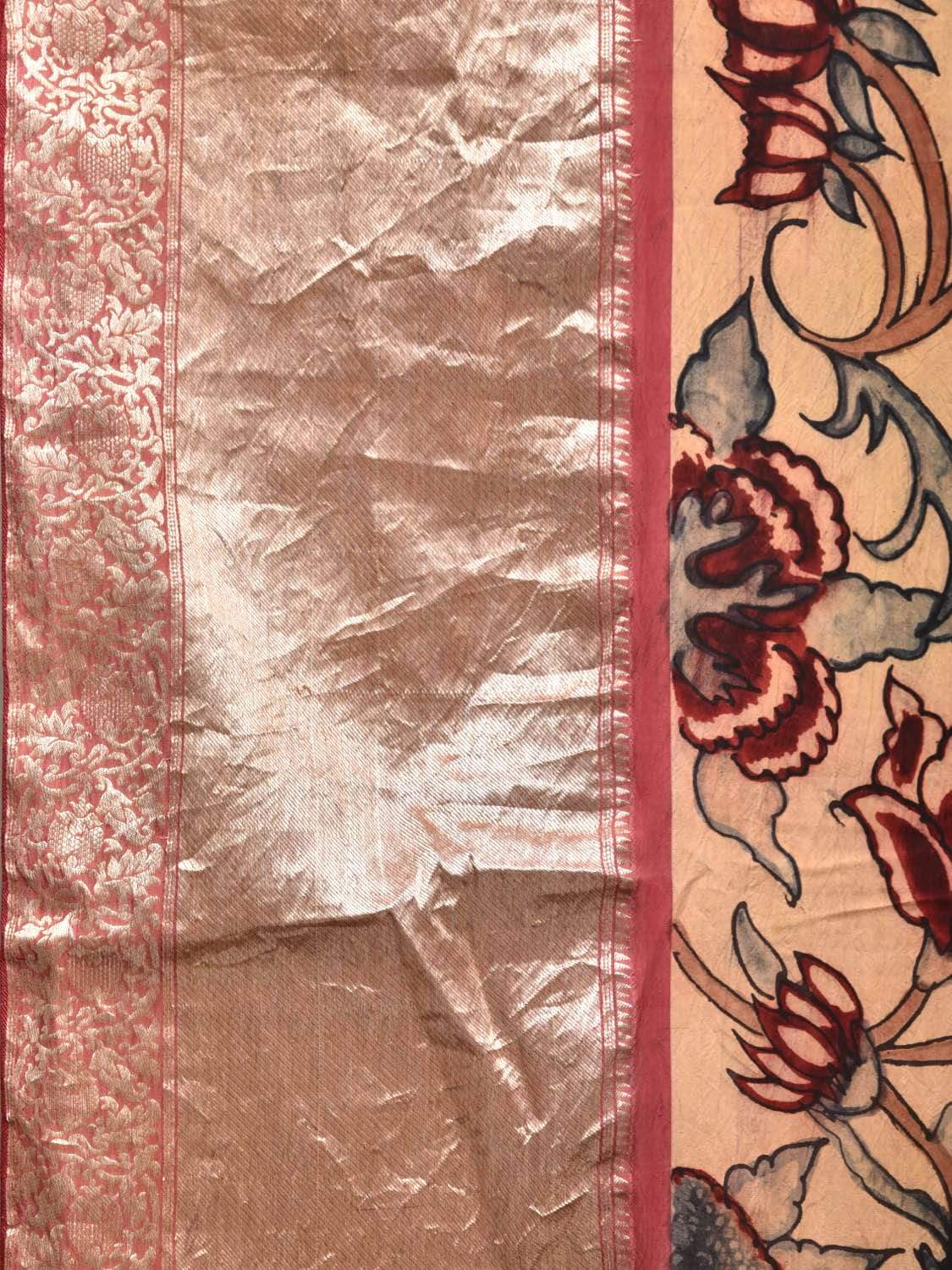 Cream Kalamkari Hand Painted Kanchipuram Silk Handloom Saree with Exotic Flowers Design KL0437