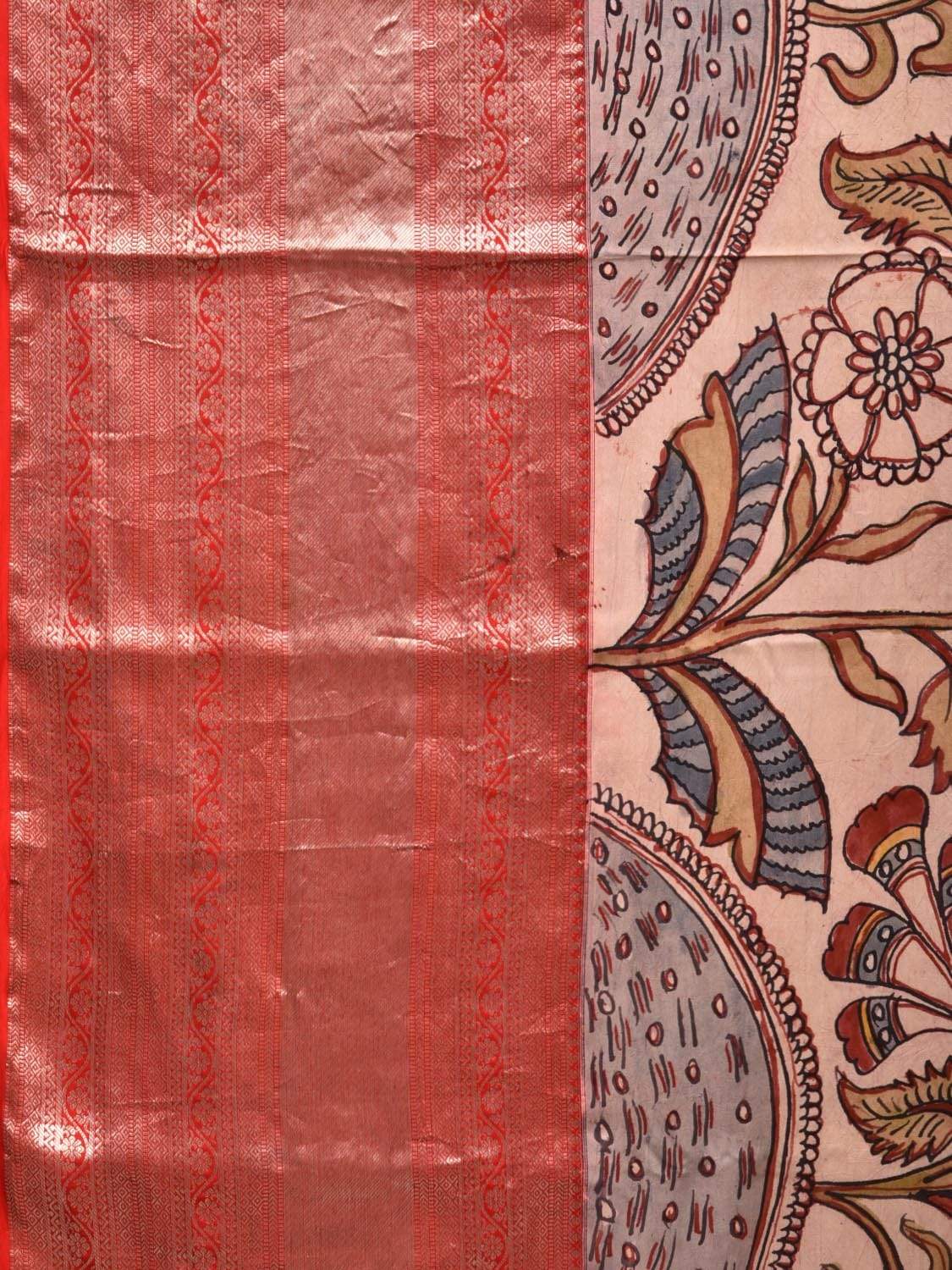 Cream Kalamkari Hand Painted Kanchipuram Silk Handloom Saree with Floral Design KL0445
