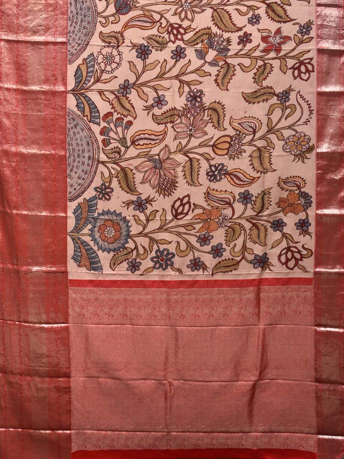 Cream Kalamkari Hand Painted Kanchipuram Silk Handloom Saree with Floral Design KL0445