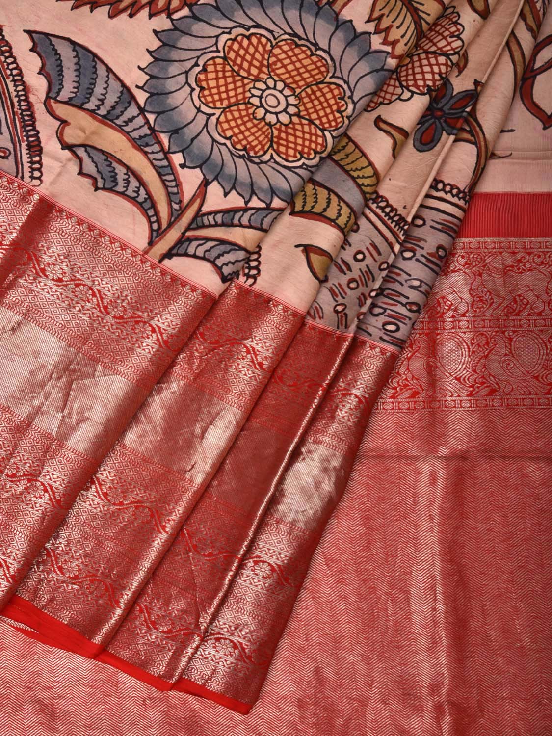 Cream Kalamkari Hand Painted Kanchipuram Silk Handloom Saree with Floral Design KL0445