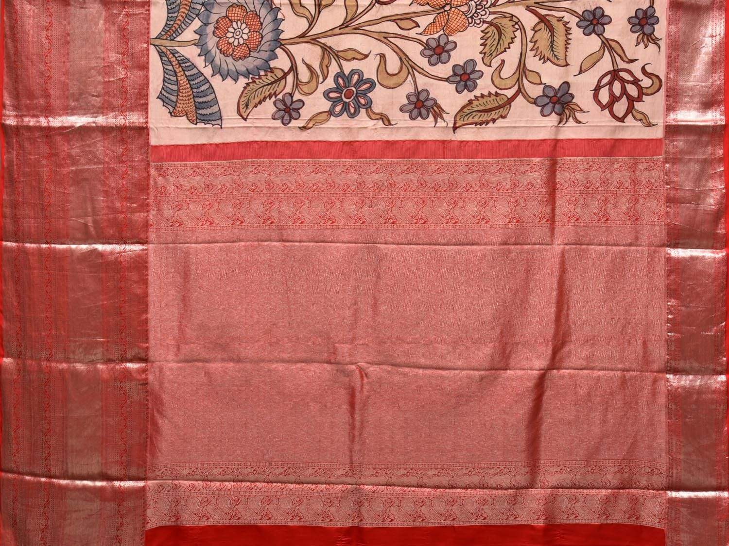 Cream Kalamkari Hand Painted Kanchipuram Silk Handloom Saree with Floral Design KL0445