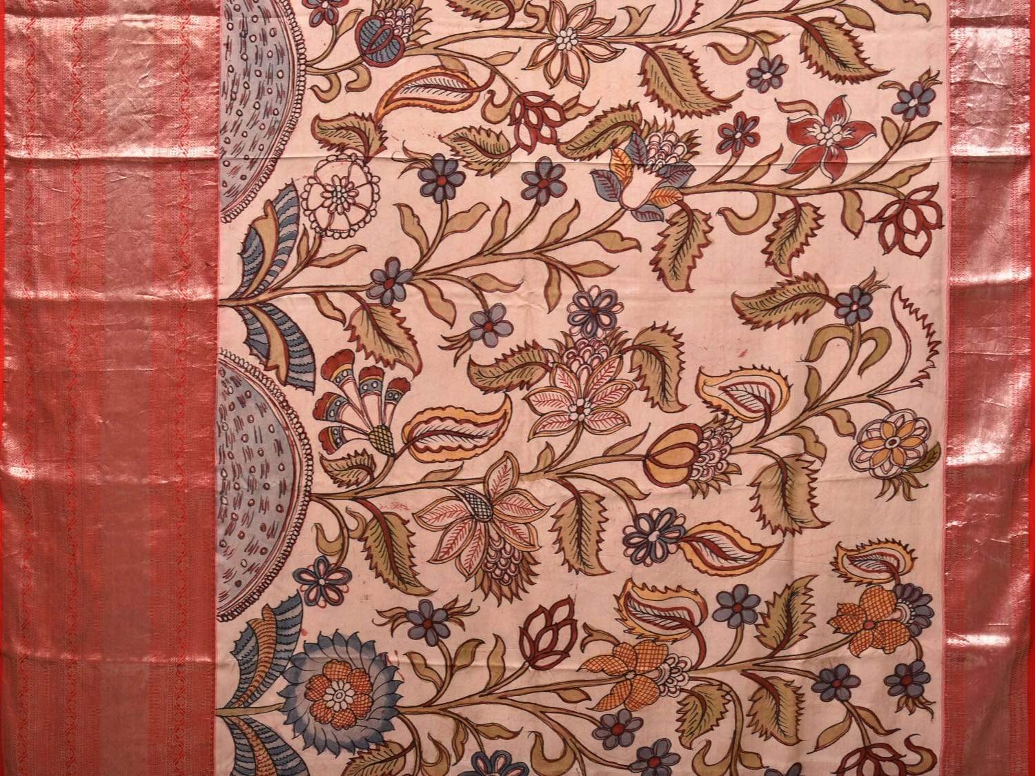 Cream Kalamkari Hand Painted Kanchipuram Silk Handloom Saree with Floral Design KL0445