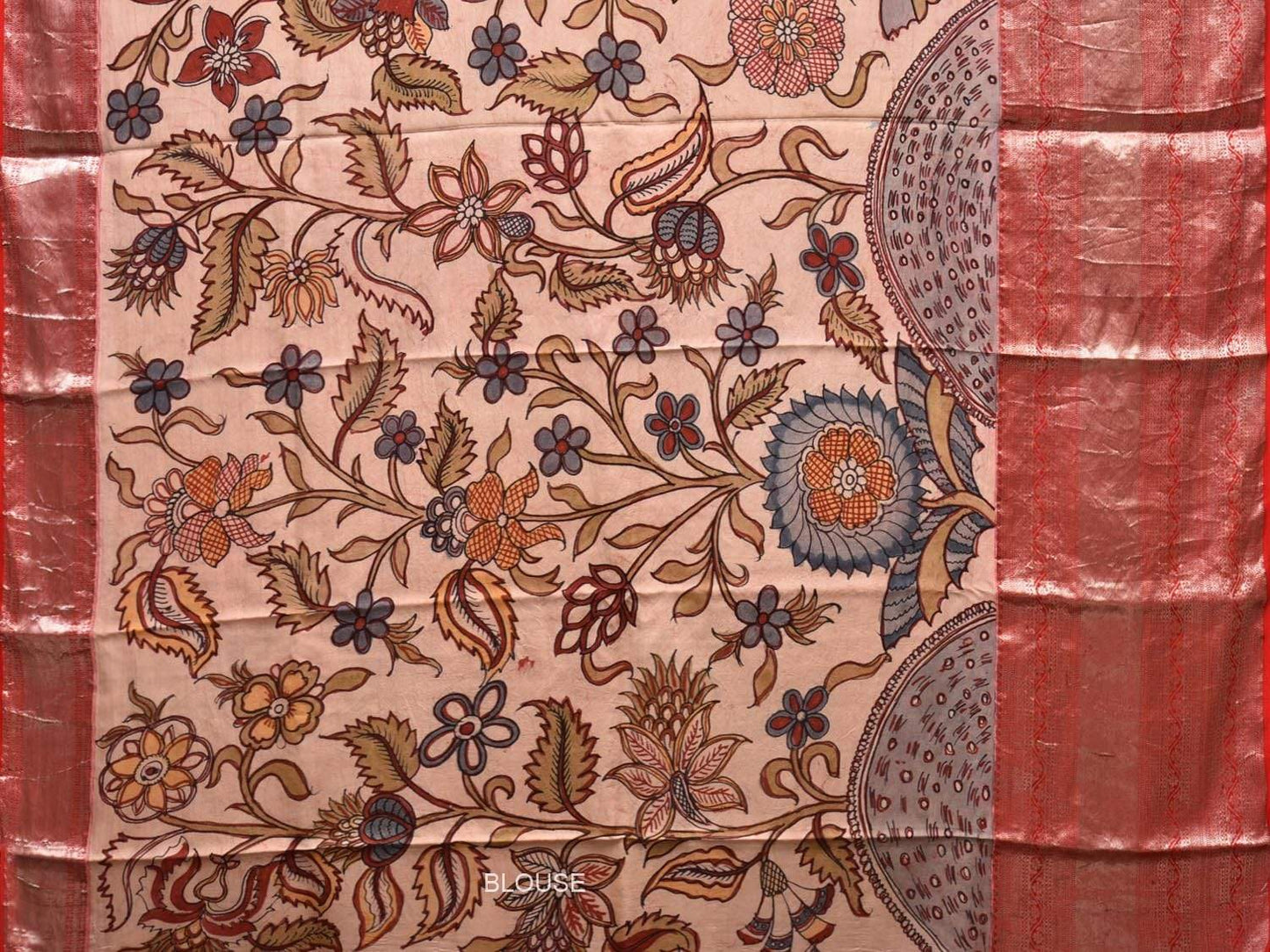 Cream Kalamkari Hand Painted Kanchipuram Silk Handloom Saree with Floral Design KL0445