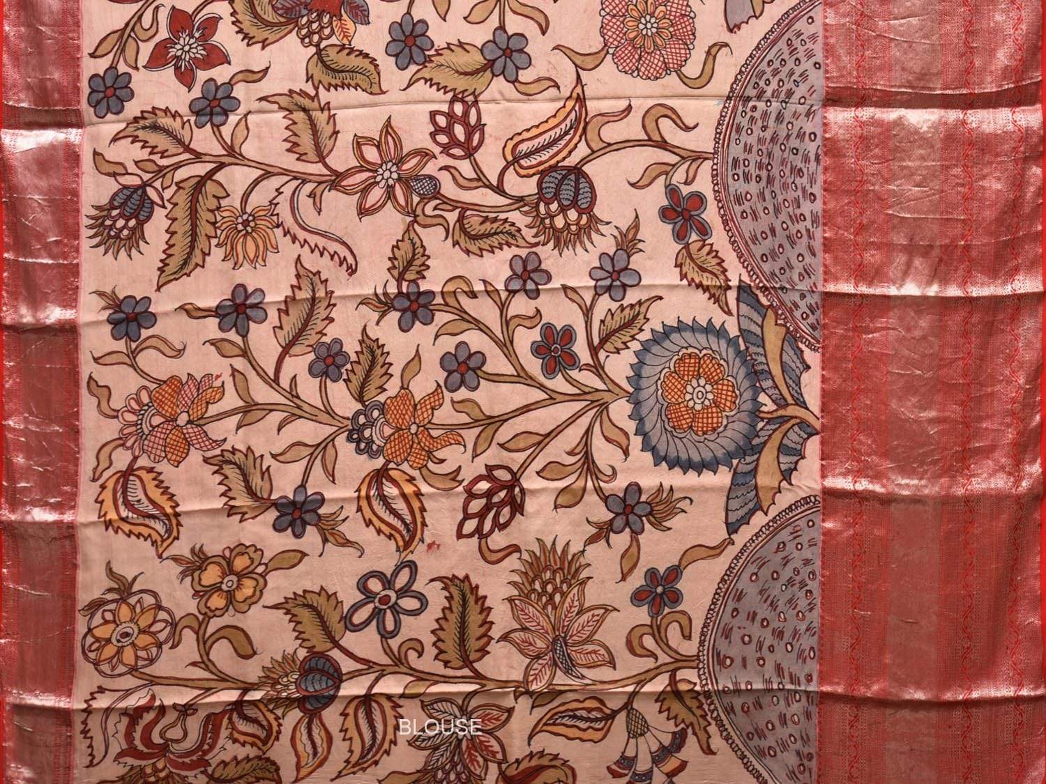 Cream Kalamkari Hand Painted Kanchipuram Silk Handloom Saree with Floral Design KL0445