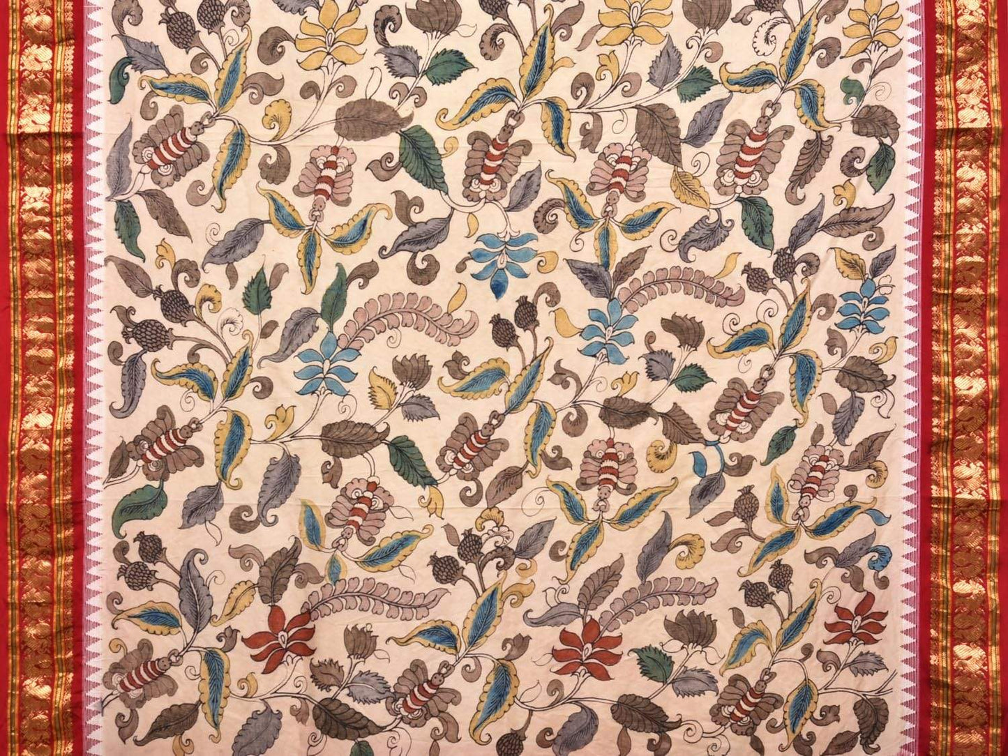 Cream Kalamkari Hand Painted Kanchipuram Silk Handloom Saree with Floral Design KL0453