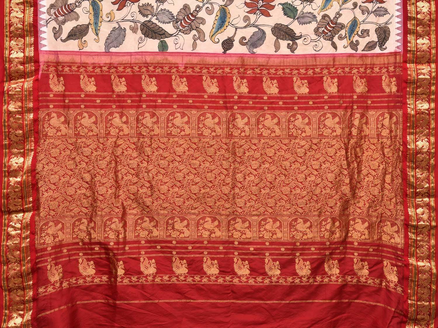 Cream Kalamkari Hand Painted Kanchipuram Silk Handloom Saree with Floral Design KL0453