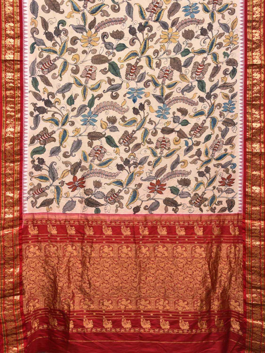 Cream Kalamkari Hand Painted Kanchipuram Silk Handloom Saree with Floral Design KL0453