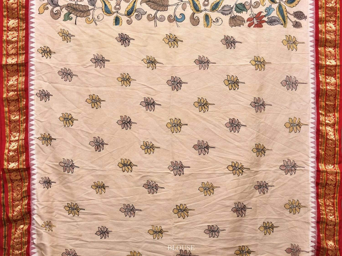 Cream Kalamkari Hand Painted Kanchipuram Silk Handloom Saree with Floral Design KL0453