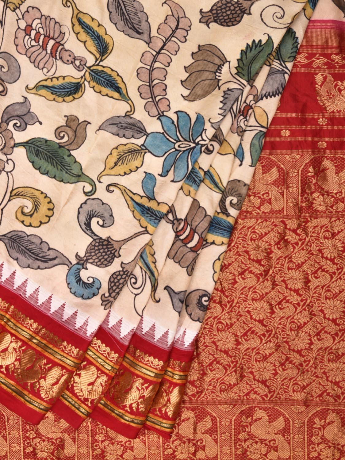 Cream Kalamkari Hand Painted Kanchipuram Silk Handloom Saree with Floral Design KL0453