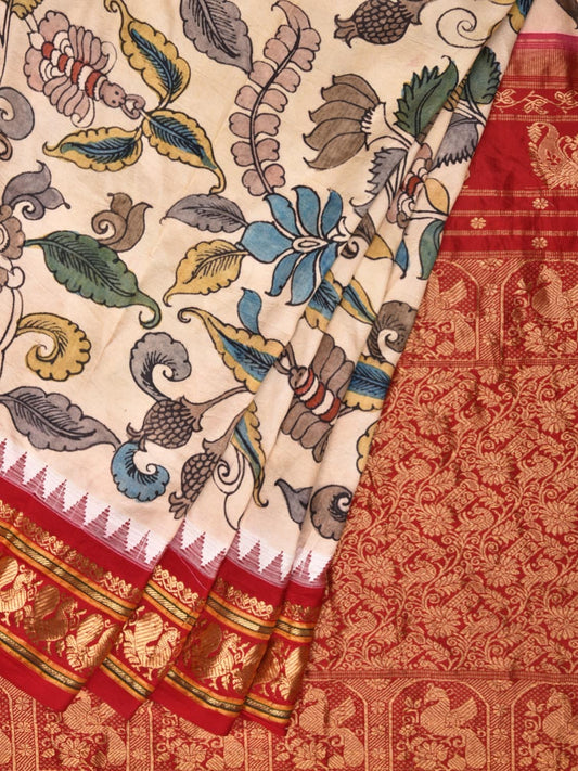 Cream Kalamkari Hand Painted Kanchipuram Silk Handloom Saree with Floral Design KL0453