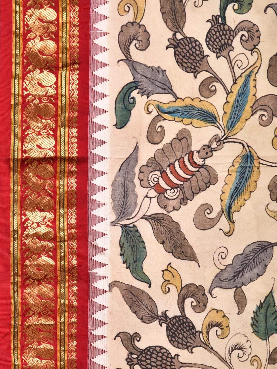 Cream Kalamkari Hand Painted Kanchipuram Silk Handloom Saree with Floral Design KL0453