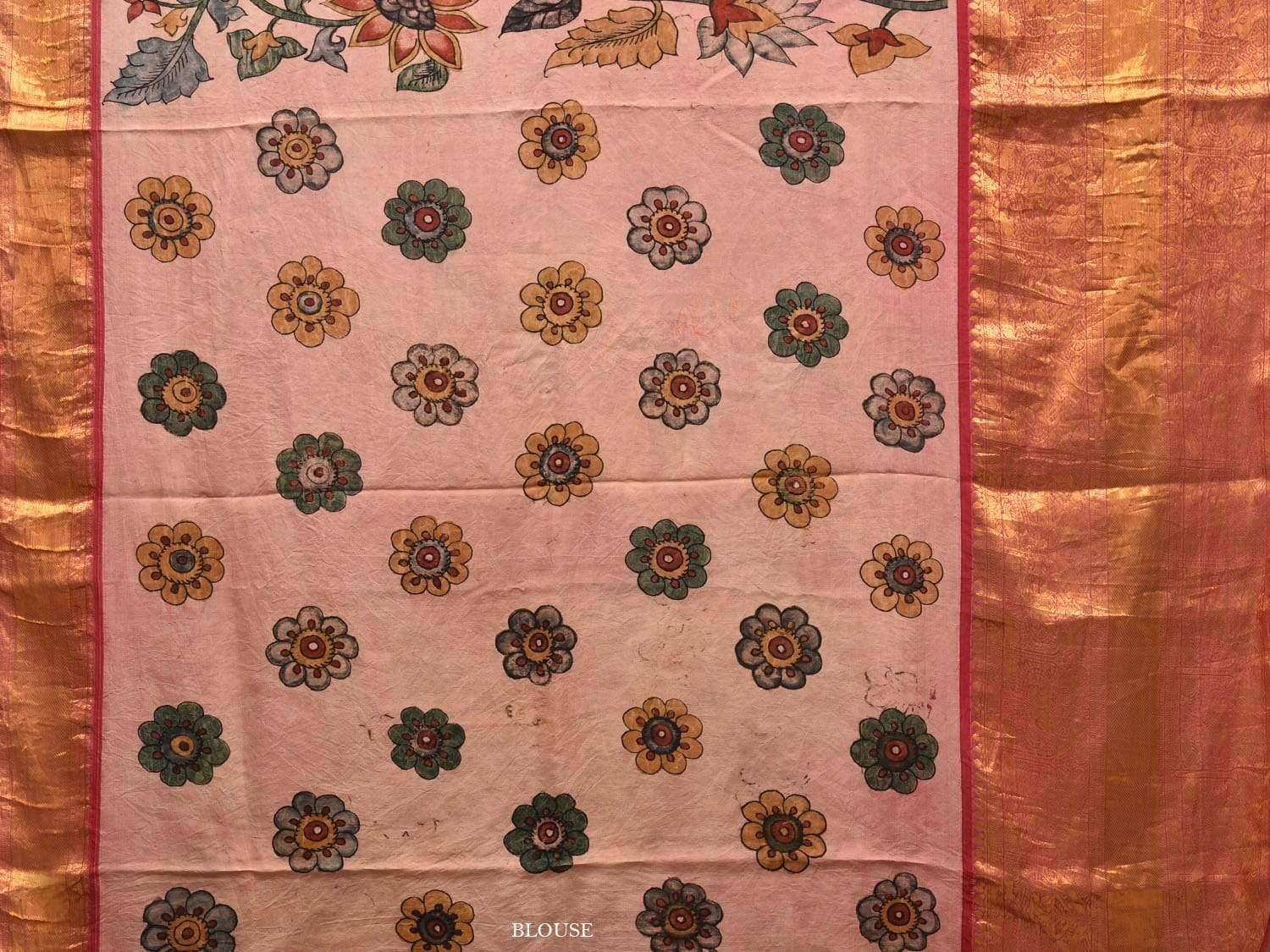 Cream Kalamkari Hand Painted Kanchipuram Silk Handloom Saree with Floral Design KL0489