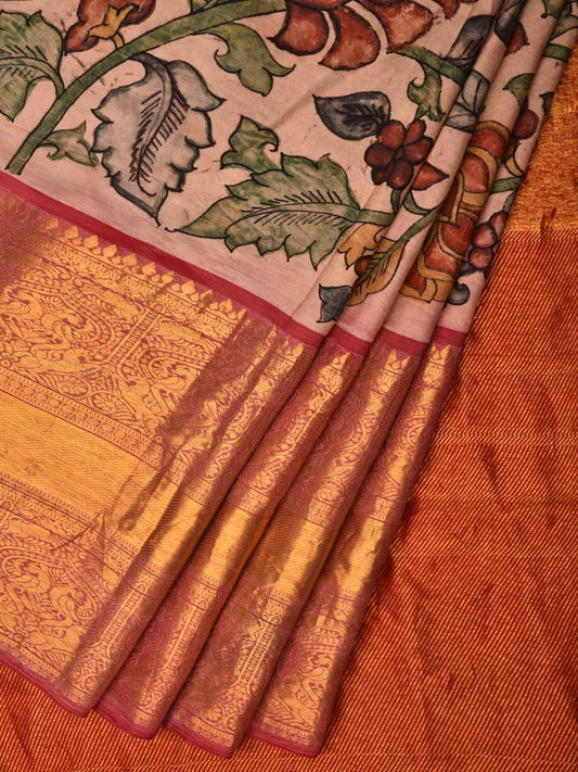 Cream Kalamkari Hand Painted Kanchipuram Silk Handloom Saree with Floral Design KL0489